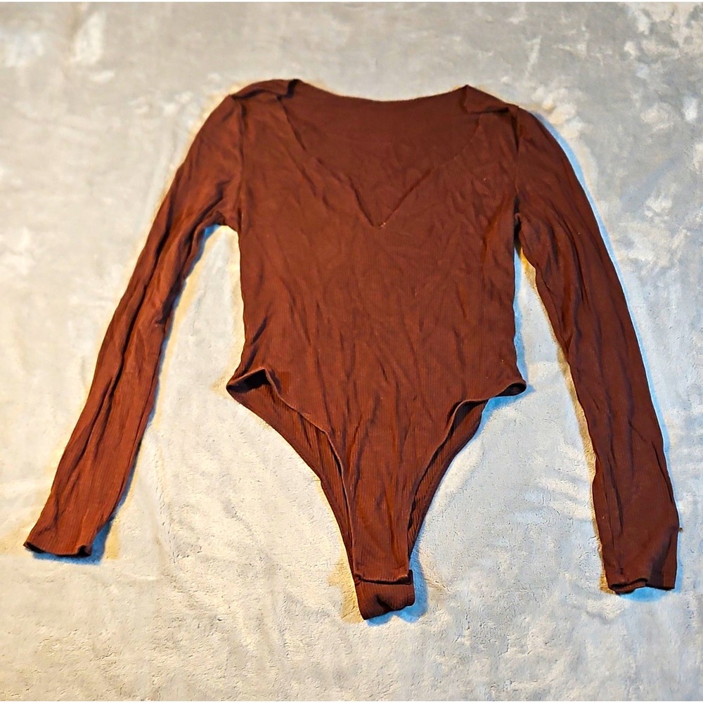 Women's Brown Long Sleeve One Piece Bodysuit Size M Solid Regular Machine Wash